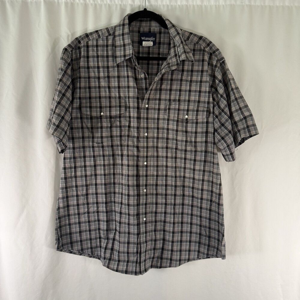 Wrangler Pearl Snap Shirt Men's XL Black Grey Plaid Short Sleeve Collared Button